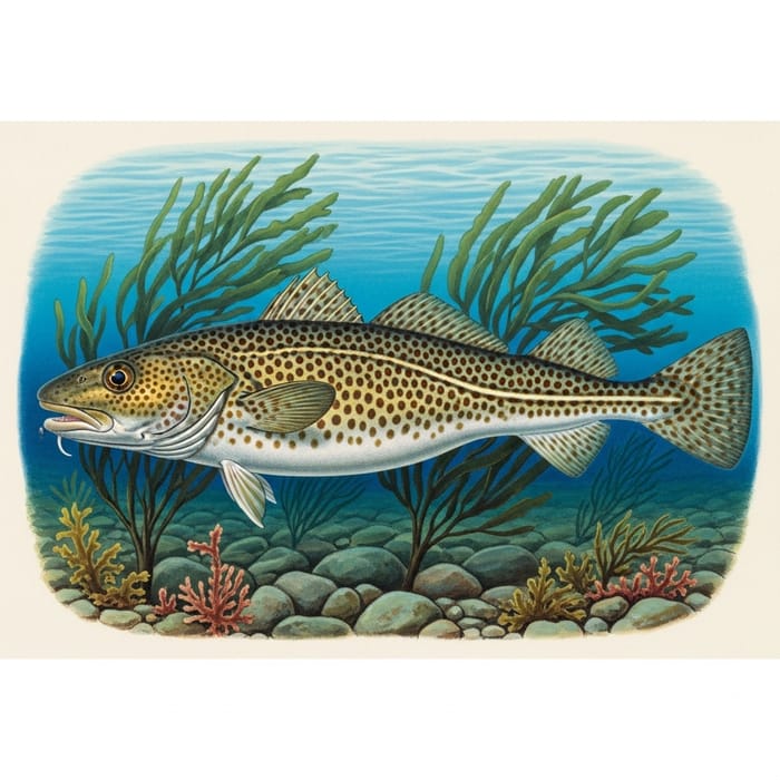 Norwegian Cod Fish: Detailed Scientific Illustration Underwater Norwegian Cod Fish: Detailed Scientific Illustration Underwater