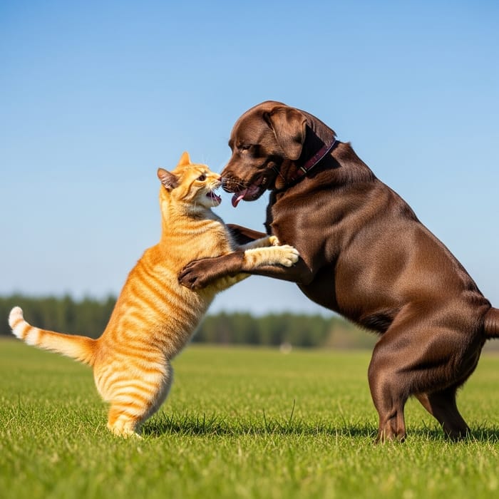 Cat and Dog Playful Fight in Grassy Field
