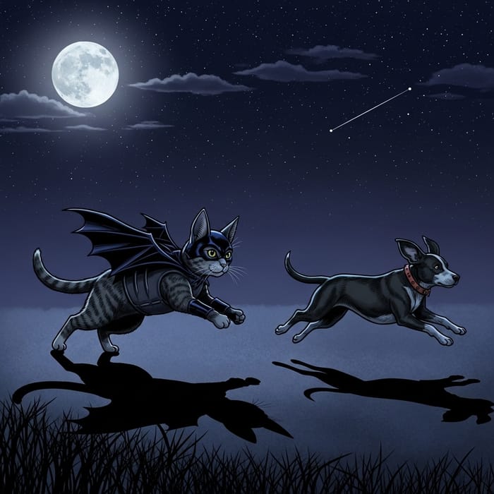 Cat in Batman Costume Chasing Dog at Night Cat in Batman Costume Chasing Dog at Night