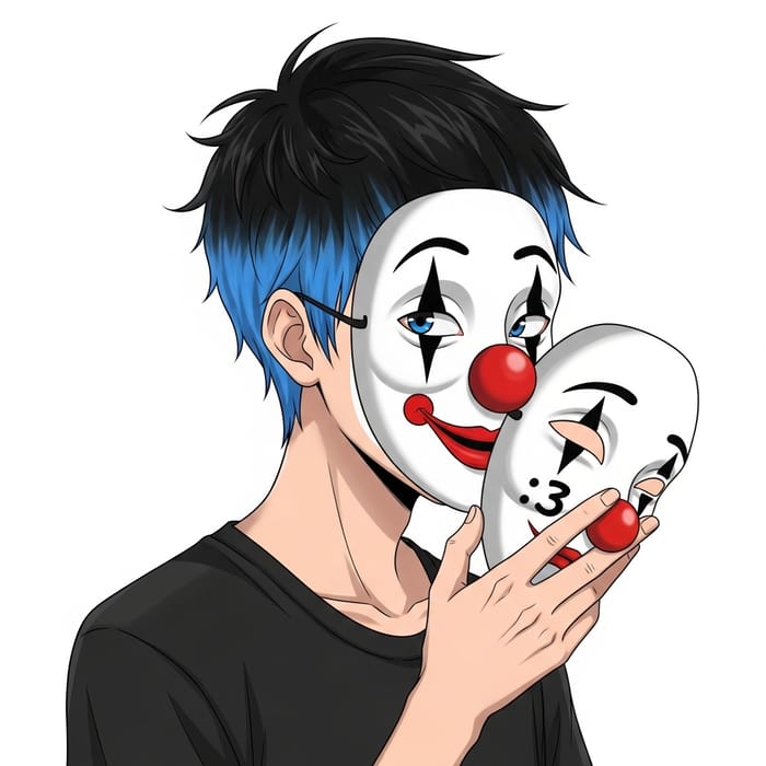 Unique Anime Boy Character with Blue and Black Hair Mime Mask Artwork