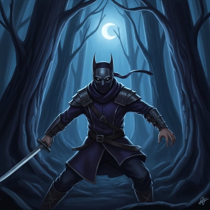 Enigmatic Masked Figure in Moonlit Forest | Dark Blue & Violet Hues