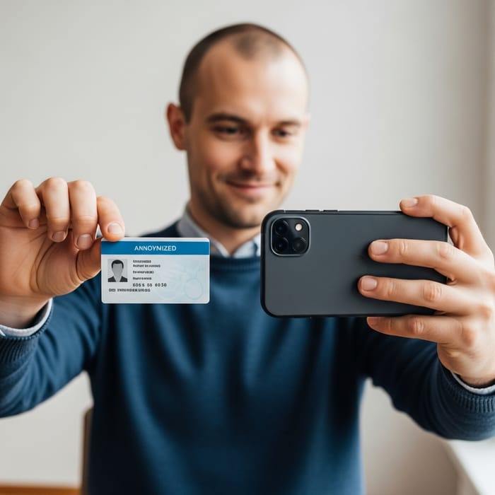 Caucasian Male Holding ID and Taking Selfie Simultaneously Caucasian Male Holding ID and Taking Selfie Simultaneously