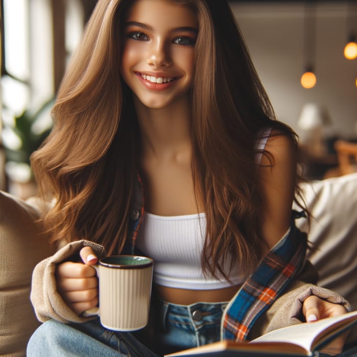 Enthusiastic Youth: Brooke Monk - Fashionable Teen Reading Book and Sipping Coffee