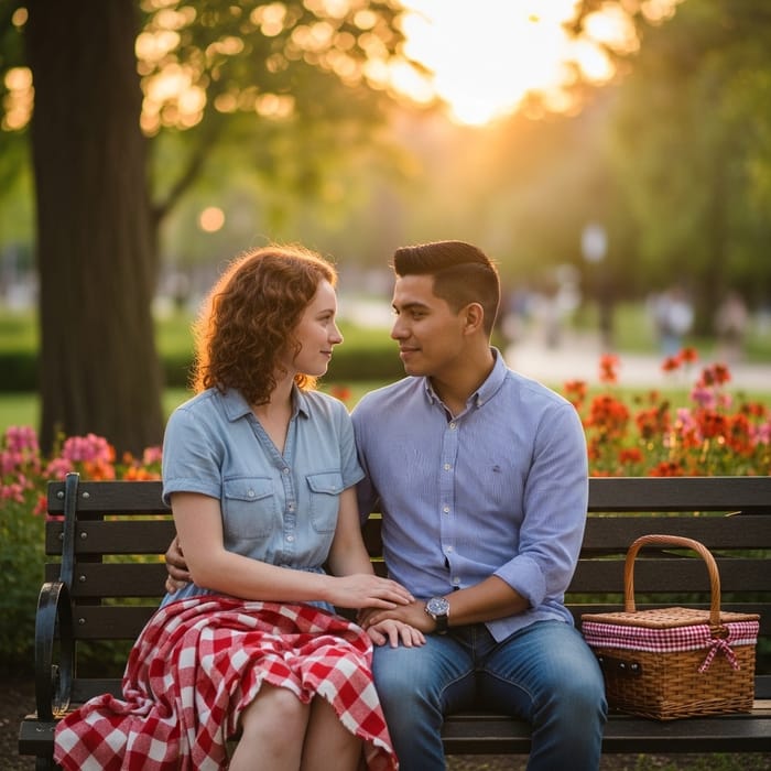 Warm & Romantic Park Scene: Couple in Sunset Oasis