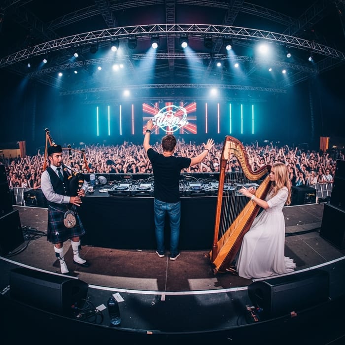 Vibrant EDM Festival with DJ and Bagpipe Player