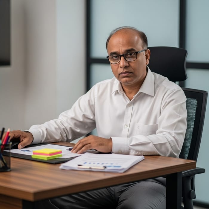 Work-Life Balance Challenges: Fatigued South Asian Employee at Office Desk Work-Life Balance Challenges: Fatigued South Asian Employee at Office Desk