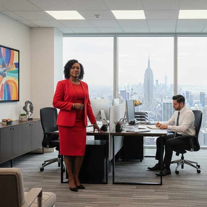 Empowerment and Success: Black Female CEO in Modern Office with City Views