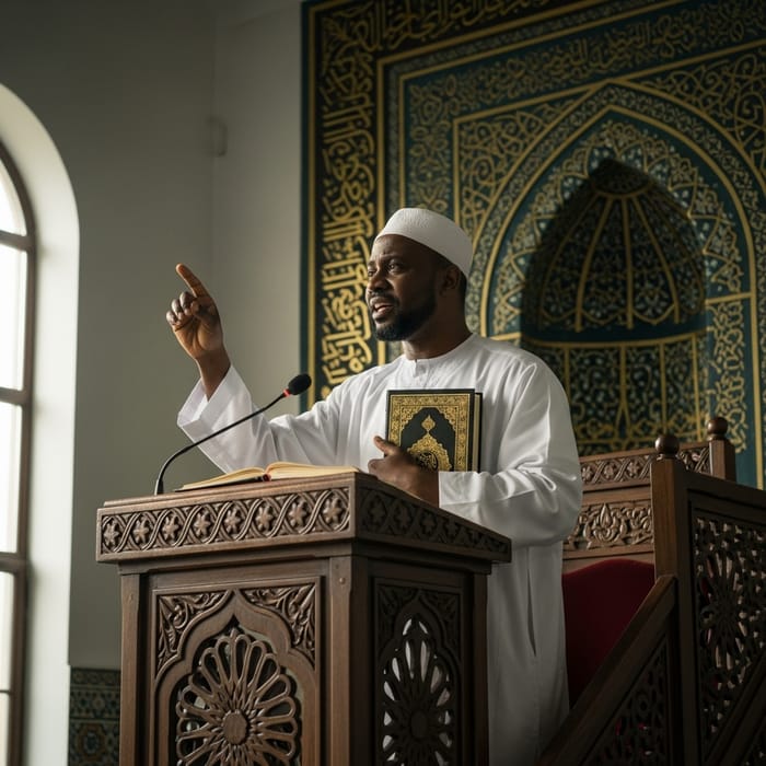 African Imam Preaching in Traditional Attire