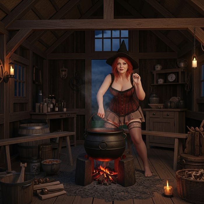 Vintage Witch in Redhead Granny Attire - Photo-realistic Night Scene Vintage Witch in Redhead Granny Attire - Photo-realistic Night Scene