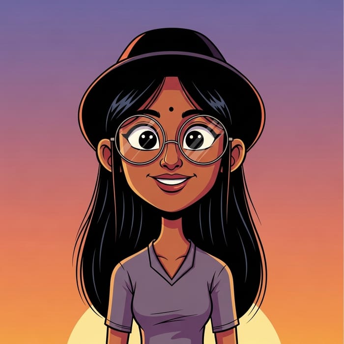 Joyful South Asian Female Cartoon Portrait in Vintage Style Joyful South Asian Female Cartoon Portrait in Vintage Style