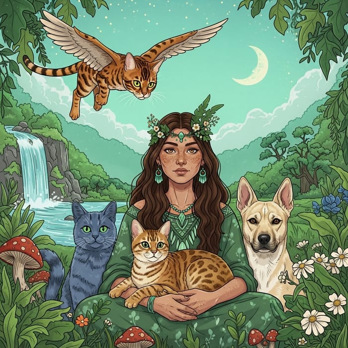 Mystical Shaman Woman with Bengal and Russian Cats, Blond Dog in Nature Scene