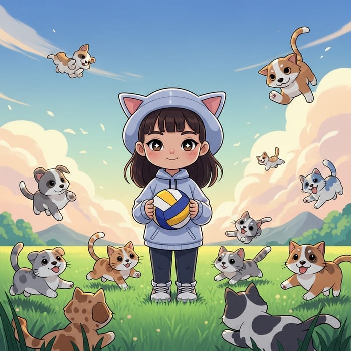 Whimsical Girl Character with Pets and Volleyball Sketch Whimsical Girl Character with Pets and Volleyball Sketch