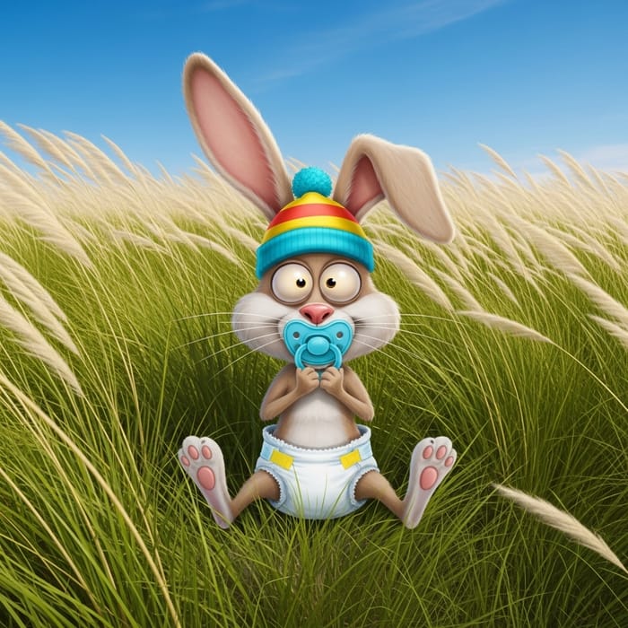 Animated Baby Rabbit in Colorful Diaper, Hat & Pacifier on Pampas Grassland Animated Baby Rabbit in Colorful Diaper, Hat & Pacifier on Pampas Grassland
