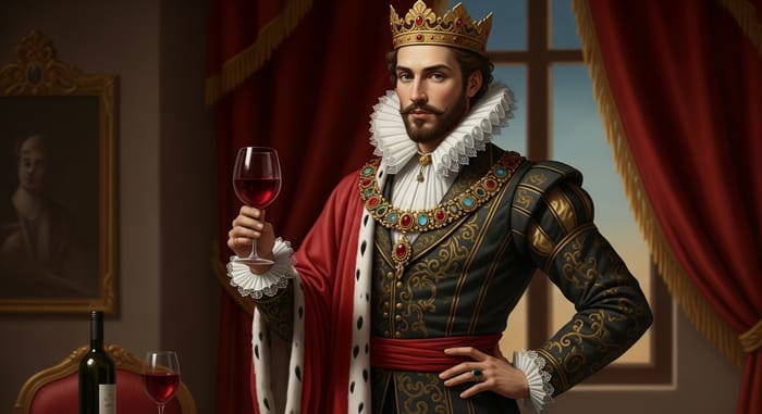 Regal Figure in Luxurious Setting with Red Wine