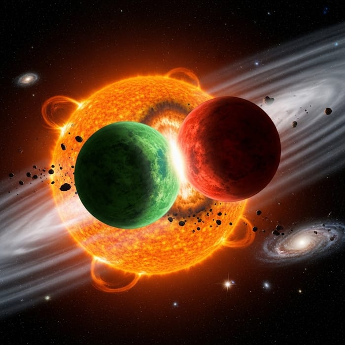 Interstellar Collision of Green and Red Planets in Twin Star System Interstellar Collision of Green and Red Planets in Twin Star System