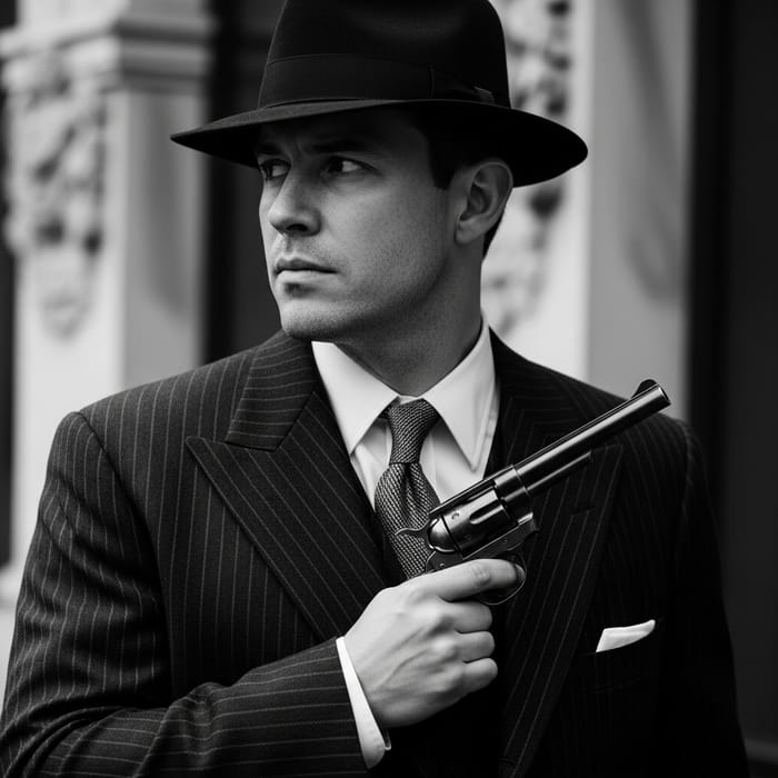 Intense Vintage Portrait of 1930s Man with Classic Revolver Intense Vintage Portrait of 1930s Man with Classic Revolver
