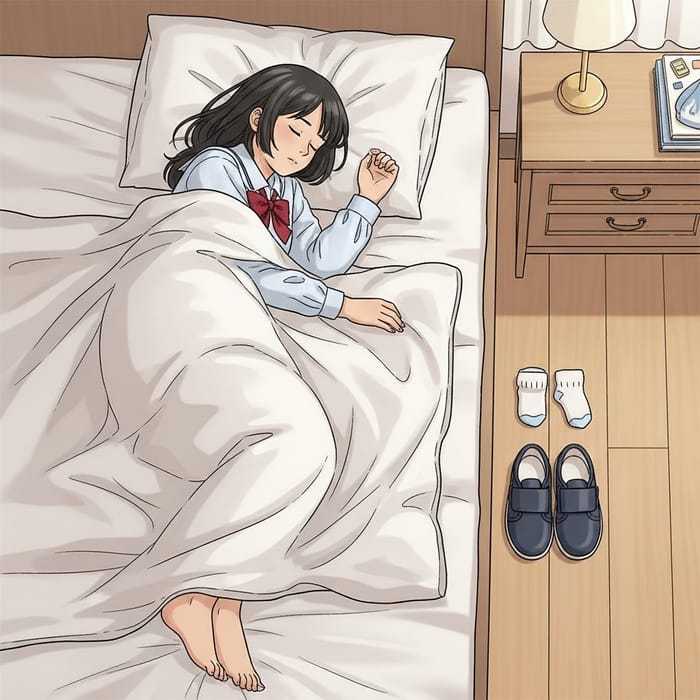 12-Year-Old Asian Girl Sleeping in School Uniform with Shoes Off