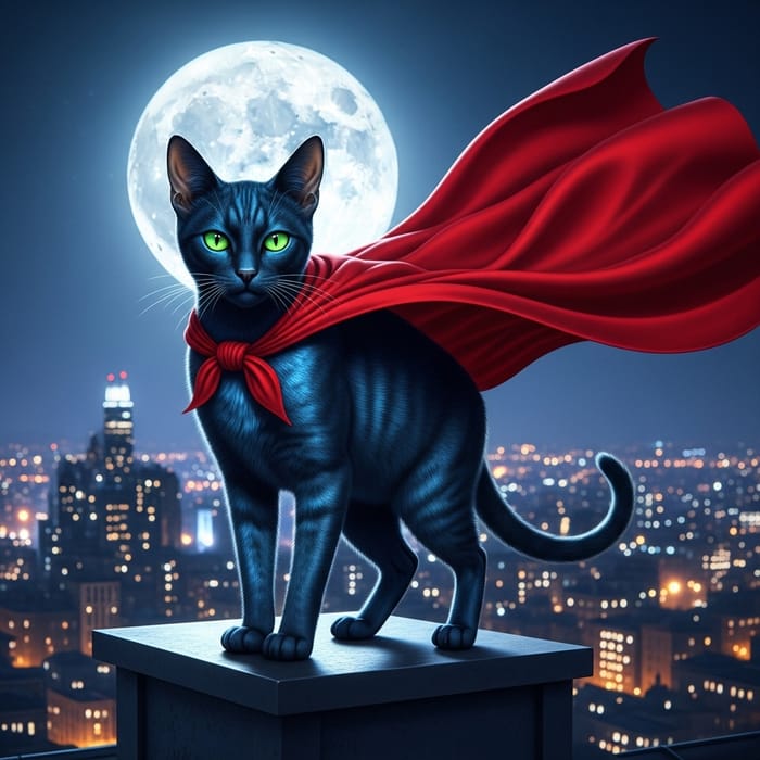 Mysterious Superhero Cat with Green Eyes and Blue Fur