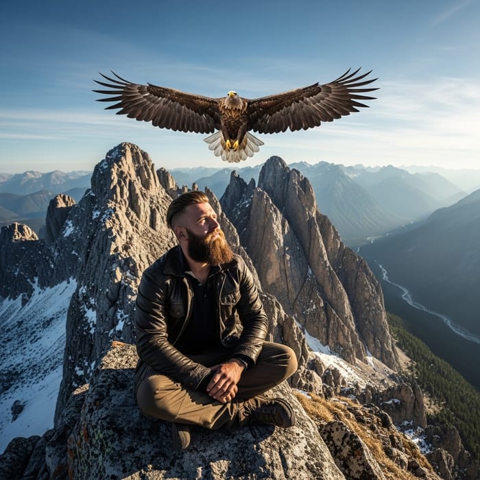 Man with Beard Sitting on Mountain with Eagle Circuling Above Man with Beard Sitting on Mountain with Eagle Circuling Above