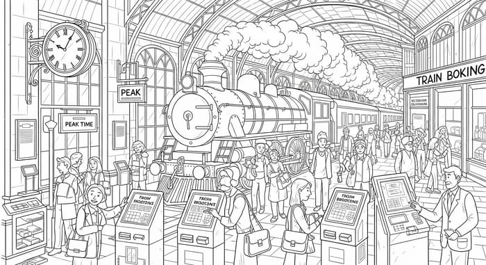 Digital Train Booking World | Line Art Illustration