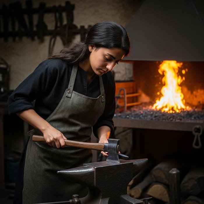 Beautiful Girl Blacksmith Forging Ax | Fire-lit Forge Scene Beautiful Girl Blacksmith Forging Ax | Fire-lit Forge Scene