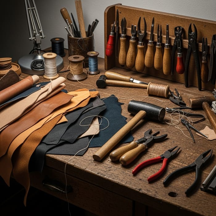 Shoemakers Work Desk: Tools and Leather Craftmanship Shoemakers Work Desk: Tools and Leather Craftmanship