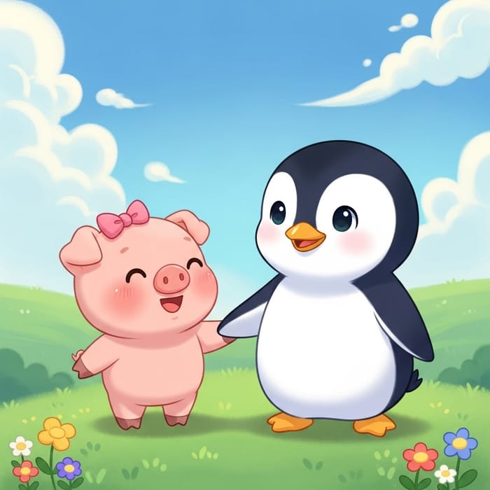 Adorable Piglet and Penguin Holding Hands | Sweet Friendship Illustration Adorable Piglet and Penguin Holding Hands | Sweet Friendship Illustration