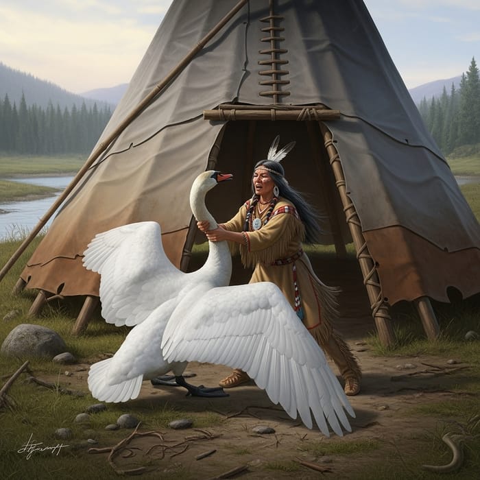 Native American Woman Fights Giant Swan at Wigwam with Forest Backdrop Native American Woman Fights Giant Swan at Wigwam with Forest Backdrop