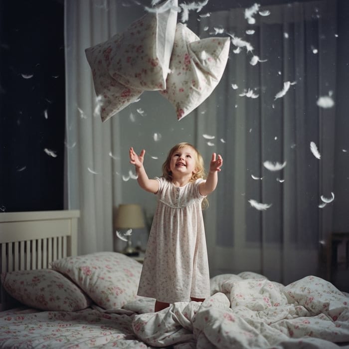 Enchanting Fairytale Image of Girl Playing on Bed Enchanting Fairytale Image of Girl Playing on Bed