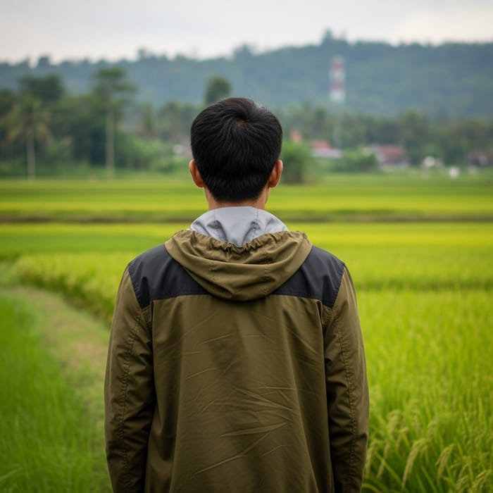 Man Walking in Indonesian Rice Field Landscape