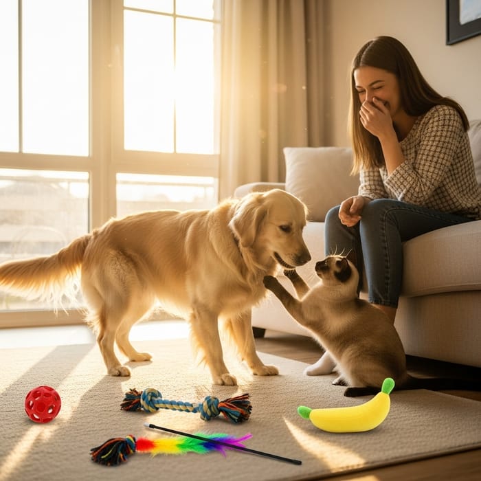 Dog and Cat Playfully Compete for Attention Dog and Cat Playfully Compete for Attention