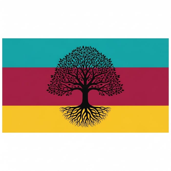 Symbolic Tree Flag in Vibrant Teal, Burgundy & Gold