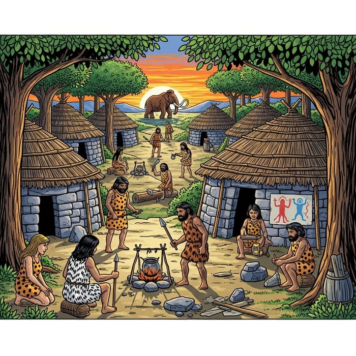 Colorful Stone Age Scene | Vivid Primitive Era Illustration