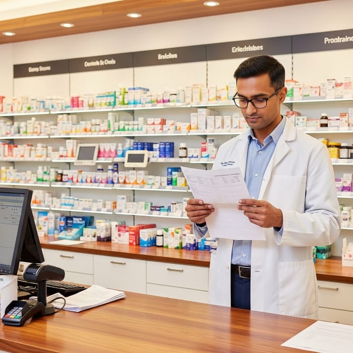 Asian Male Pharmacist in UK Pharmacy - Holding Prescription