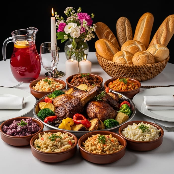 Delicious Meal: Roasted Meats, Colorful Vegetables, Bread Varieties Delicious Meal: Roasted Meats, Colorful Vegetables, Bread Varieties