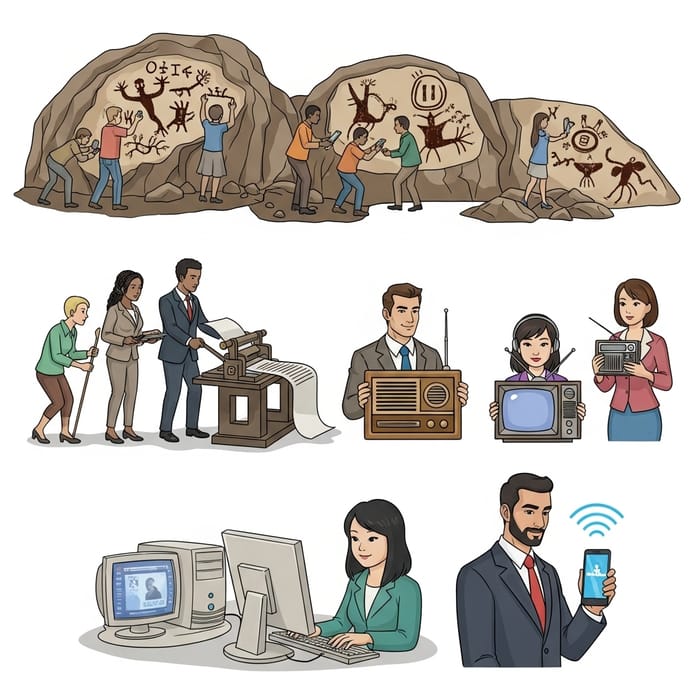 colorful diagram showing evolution of visual communication from cave paintings to digital interfaces