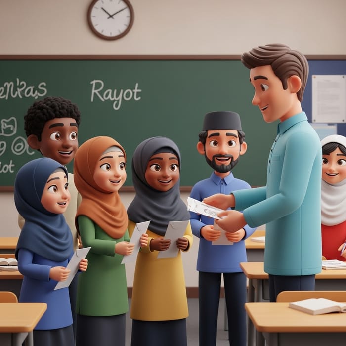 Vibrant Hijab Students Receive Raya Money - School Poster 3D Animation Vibrant Hijab Students Receive Raya Money - School Poster 3D Animation