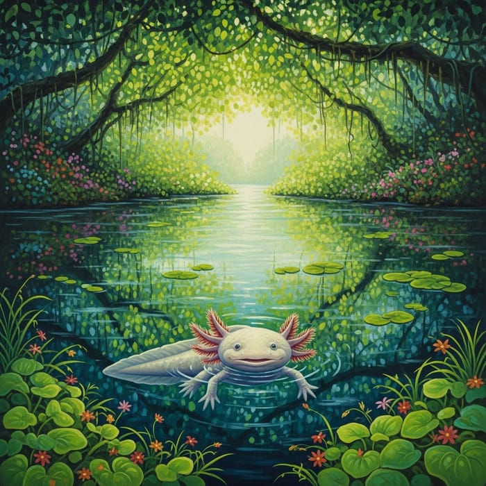 Enchanting Oil Painting of Axolotl in Lush Natural Habitat Enchanting Oil Painting of Axolotl in Lush Natural Habitat