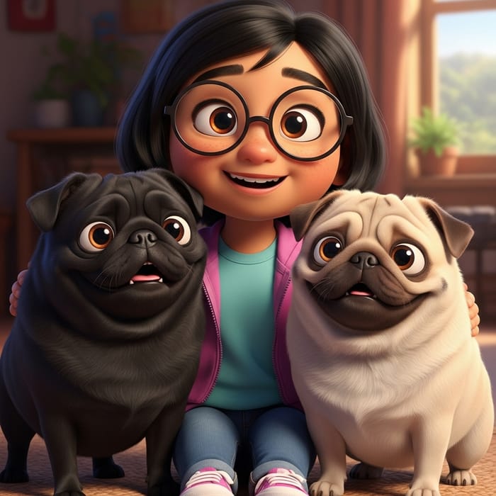 Young Hispanic Girl with Glasses and Black Hair with Two Pixar-Like Pugs Young Hispanic Girl with Glasses and Black Hair with Two Pixar-Like Pugs