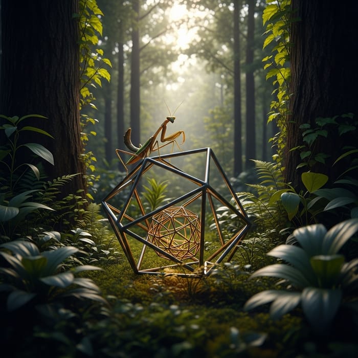 Realistic Praying Mantis with Metallic Object in Enchanted Forest