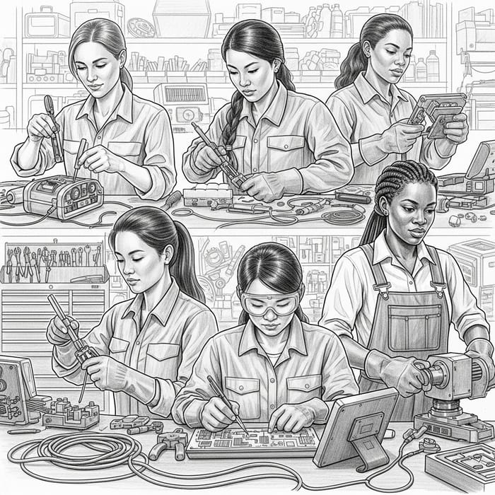 Detailed Pencil Drawing of Women in Maintenance & Repair Detailed Pencil Drawing of Women in Maintenance & Repair