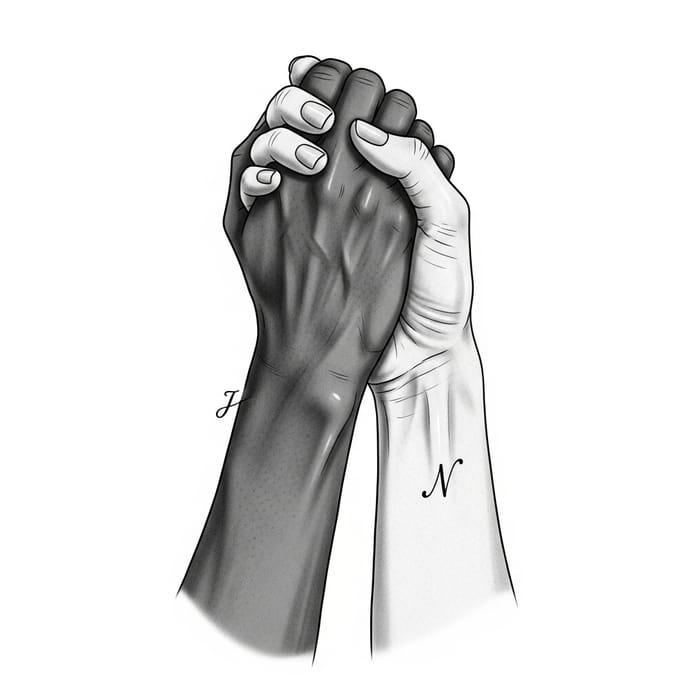 Interlocked Hands Tattoo with J & N Initials Design