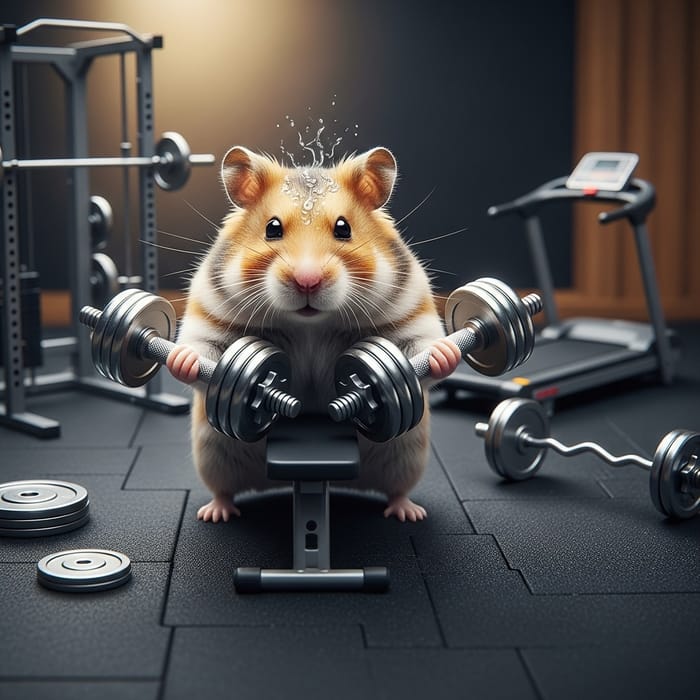 Photorealistic Hamster Lifting Dumbbells in Gym Photorealistic Hamster Lifting Dumbbells in Gym