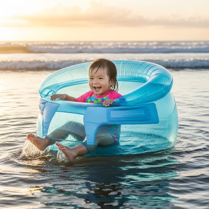 Adorable Asian Toddler Girl Joyfully Floating on Ocean in Unique Inflated Diaper Adorable Asian Toddler Girl Joyfully Floating on Ocean in Unique Inflated Diaper