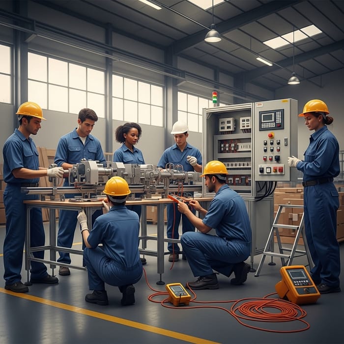 Multi-Ethnic Crew Setting Up Mini Production Line with Supervisors