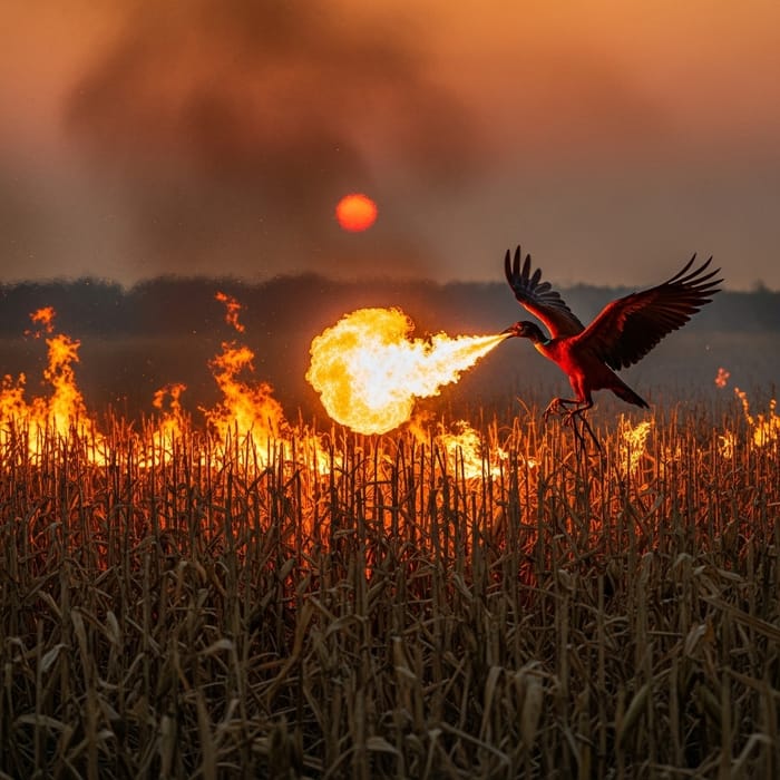 Majestic Bird Spewing Fire Over Corn Field