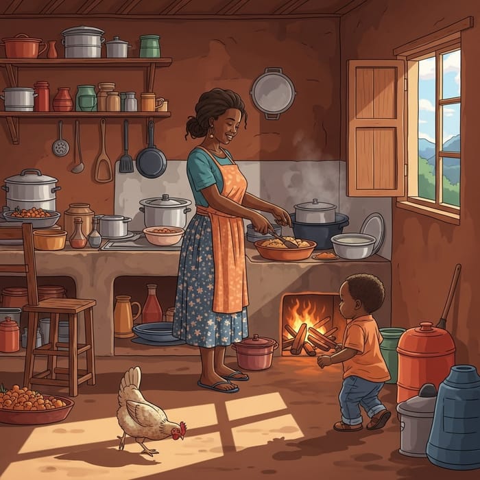 African Mother Cooking with Child in Rustic Kitchen African Mother Cooking with Child in Rustic Kitchen