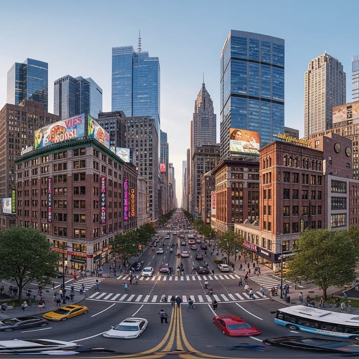 360-Degree Panoramic View of a Vibrant City: Diverse Skyline and Bustling Streets