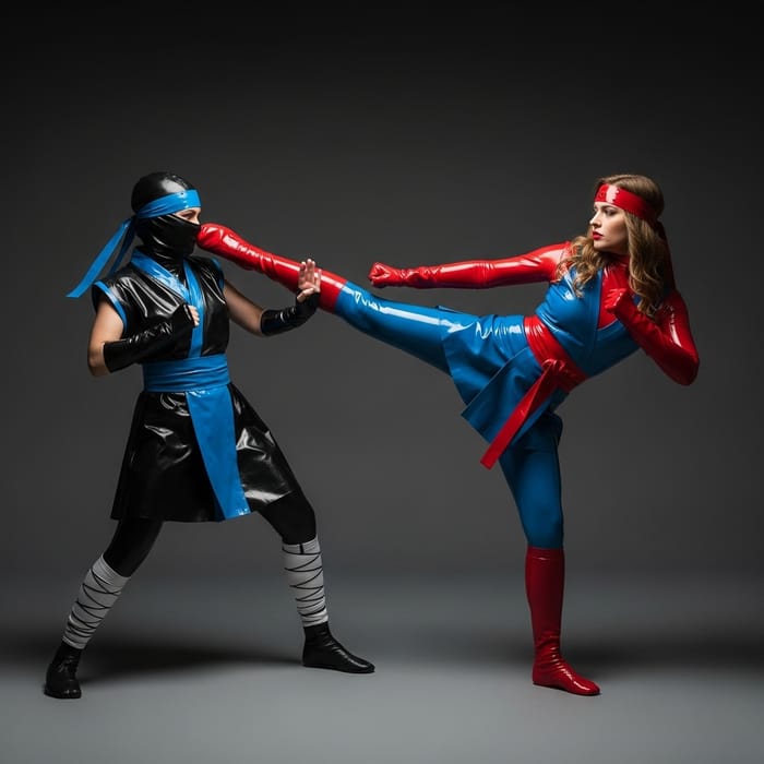 Dynamic Comic Book-Inspired Action Scene | Latex Girls Clash - Colorful Kick Showdown Dynamic Comic Book-Inspired Action Scene | Latex Girls Clash - Colorful Kick Showdown