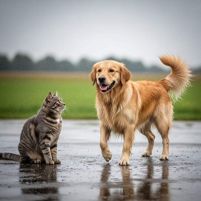 Playful Dog and Cat Playing in the Rain